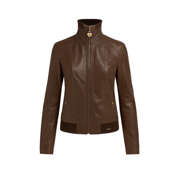 Guess Y2K Chocolate Brown Leather Jacket | Heart Zip Tiger Satin Lining Bomber - Picture 3 of 16